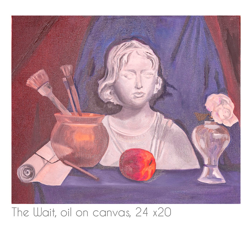 bust sculpture, brushes, scroll and a vase with flowers